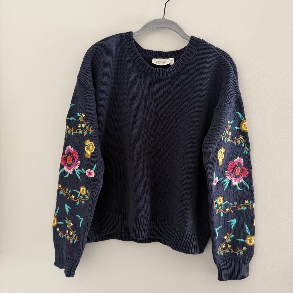 RD Style Navy Blue Floral Embroidered Cotton Shaker Knit Sweater M Boho Cottage